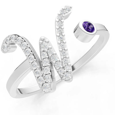 Dainty Initial Letter Birthstone Open Ring – W