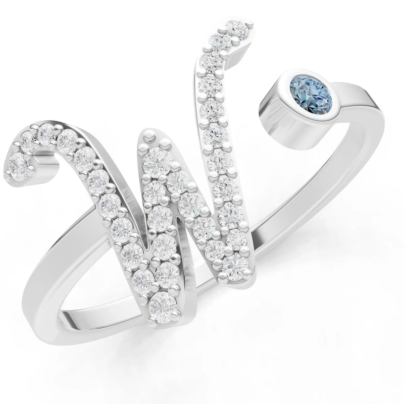 Dainty Initial Letter Birthstone Open Ring – W
