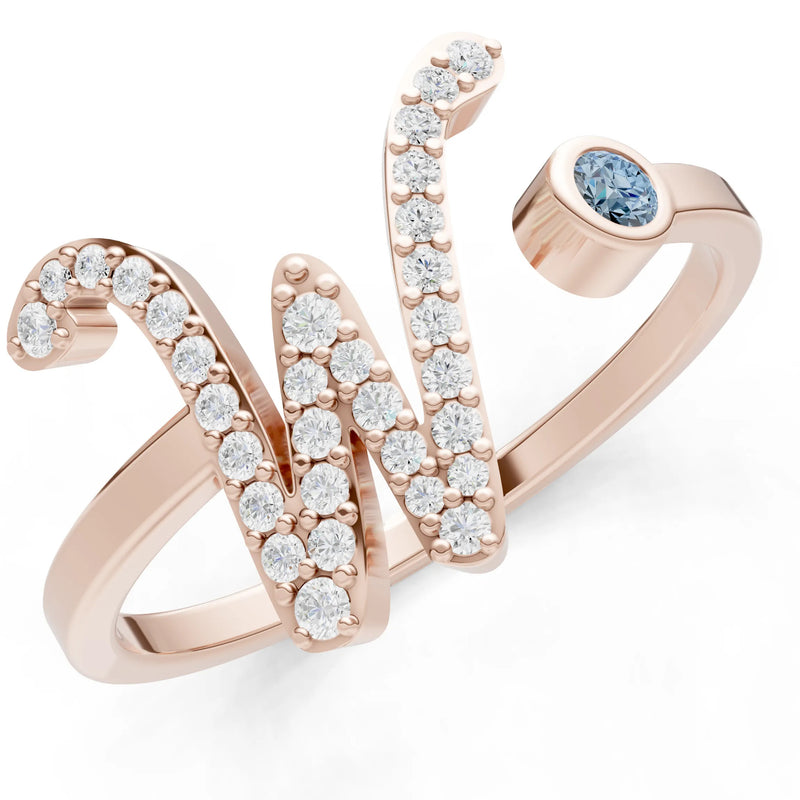 Dainty Initial Letter Birthstone Open Ring – W