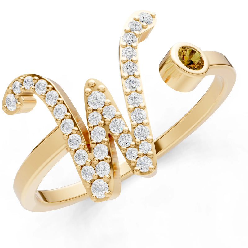 Dainty Initial Letter Birthstone Open Ring – W