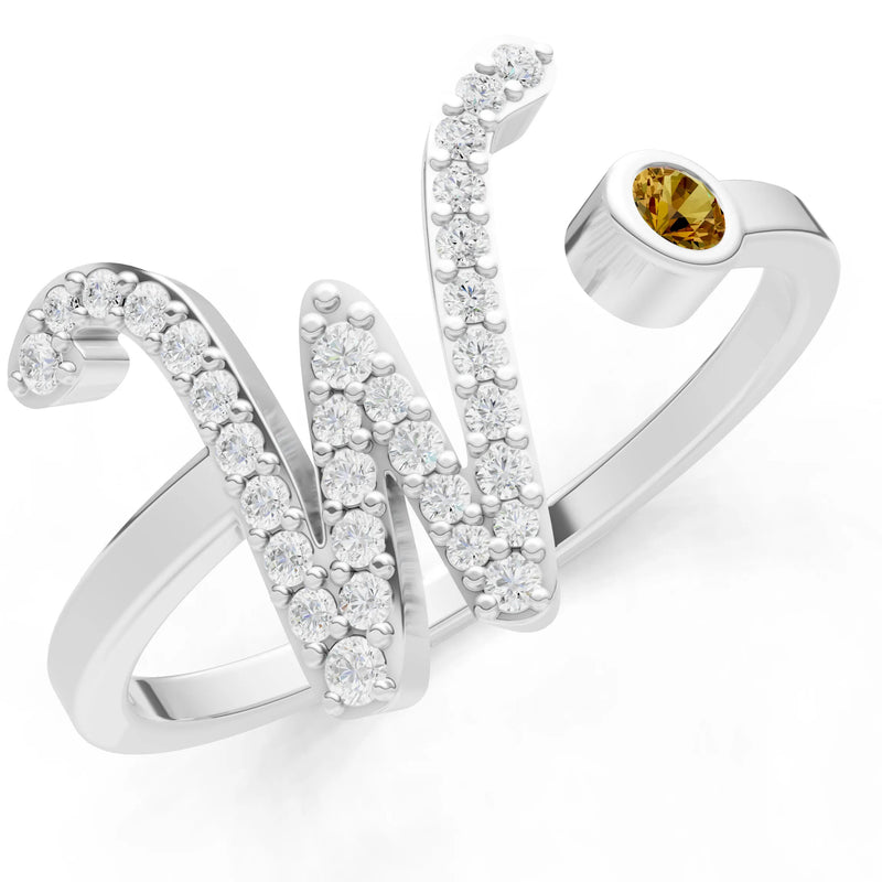 Dainty Initial Letter Birthstone Open Ring – W