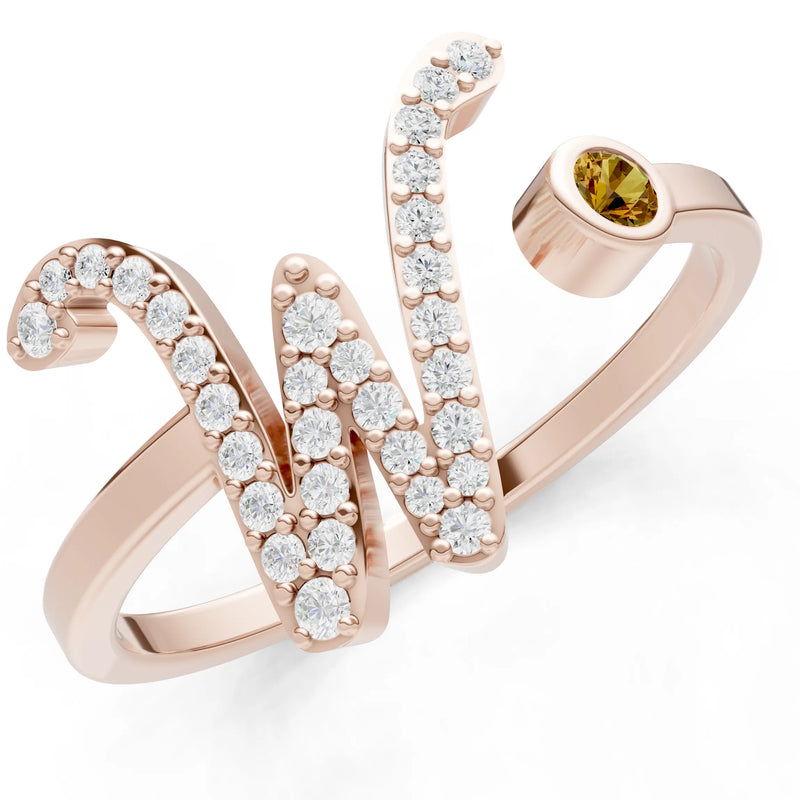 Dainty Initial Letter Birthstone Open Ring – W