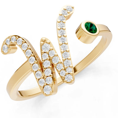 Dainty Initial Letter Birthstone Open Ring – W