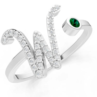 Dainty Initial Letter Birthstone Open Ring – W