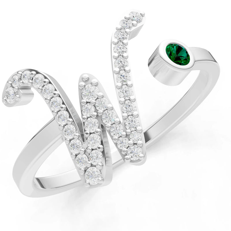 Dainty Initial Letter Birthstone Open Ring – W