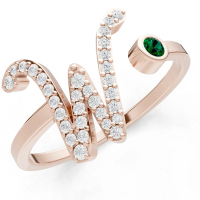 Dainty Initial Letter Birthstone Open Ring – W
