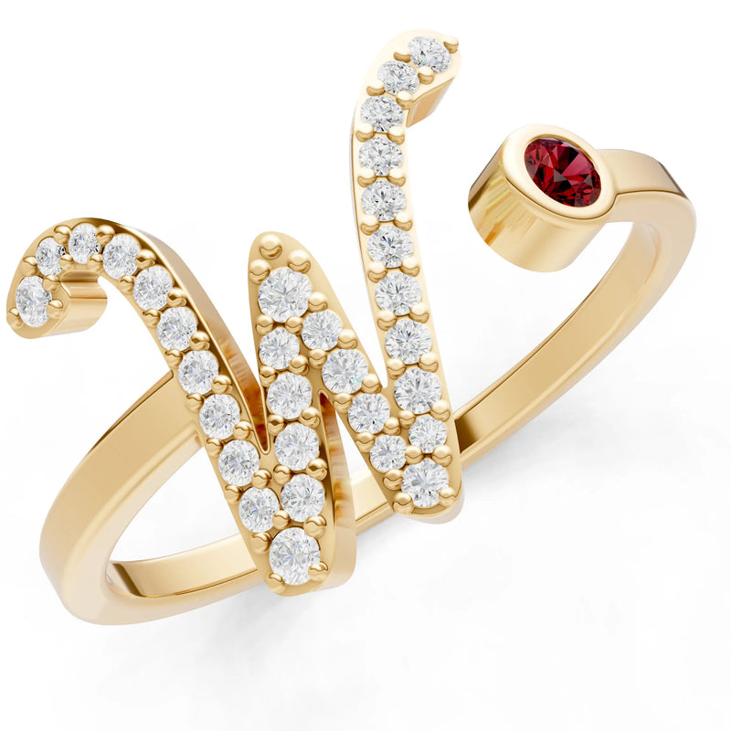 Dainty Initial Letter Birthstone Open Ring – W