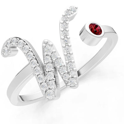Dainty Initial Letter Birthstone Open Ring – W