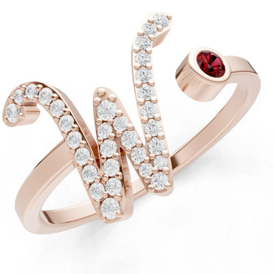 Dainty Initial Letter Birthstone Open Ring – W