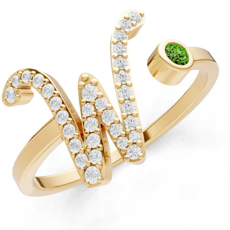Dainty Initial Letter Birthstone Open Ring – W