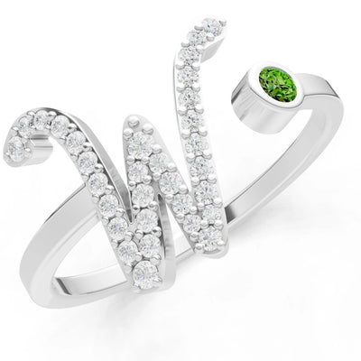Dainty Initial Letter Birthstone Open Ring – W