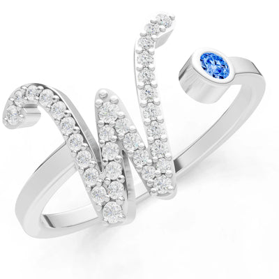 Dainty Initial Letter Birthstone Open Ring – W