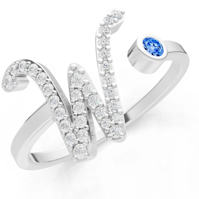Dainty Initial Letter Birthstone Open Ring – W