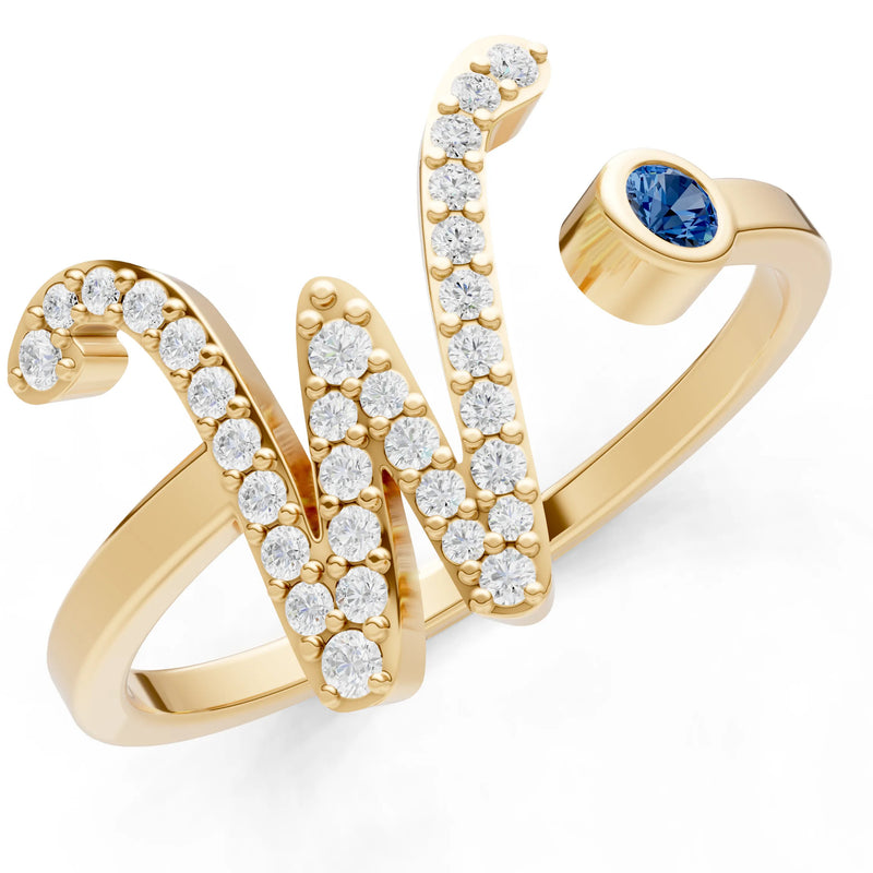 Dainty Initial Letter Birthstone Open Ring – W