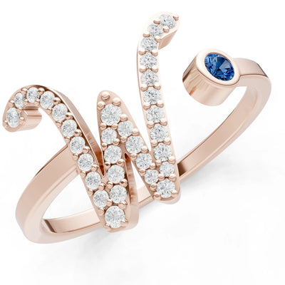 Dainty Initial Letter Birthstone Open Ring – W