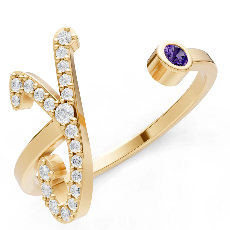 Dainty Initial Letter Birthstone Open Ring – Y