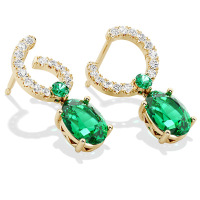 Colombian Emerald and Diamond Open Hoop Drop Earrings 14K Yellow Gold 2.50 Carats Oval Shape