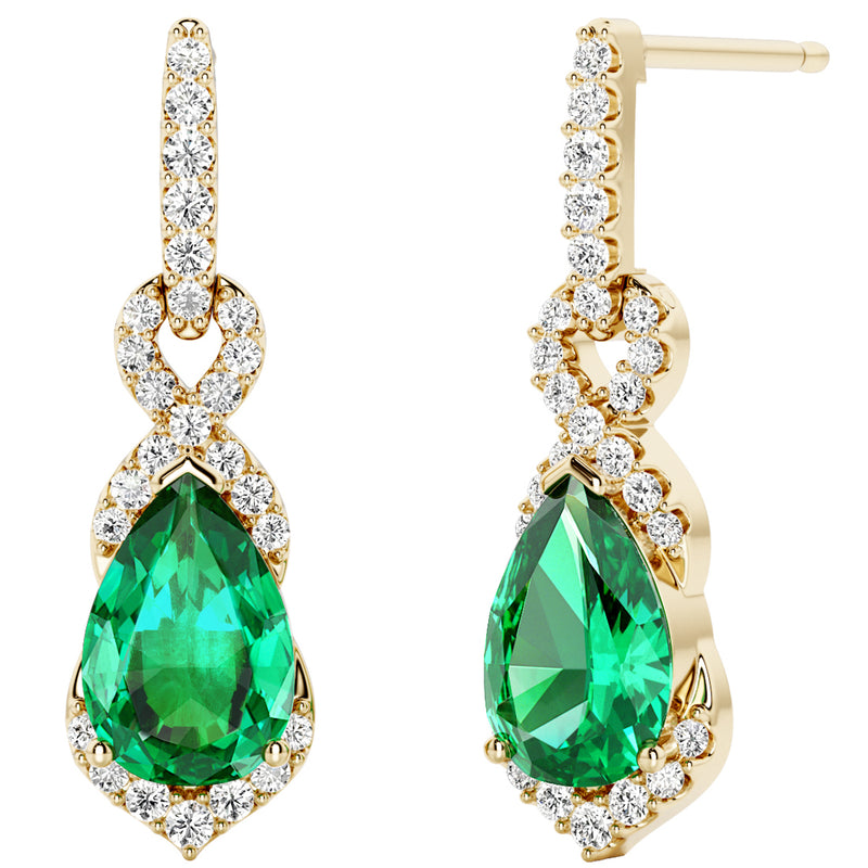 Colombian Emerald and Diamond Infinity Teardrop Earrings 14K Yellow Gold 2.50 Carats Pear Shape