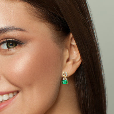 Colombian Emerald and Diamond East West Drop Earrings 14K Yellow Gold 1.50 Carats Oval Shape