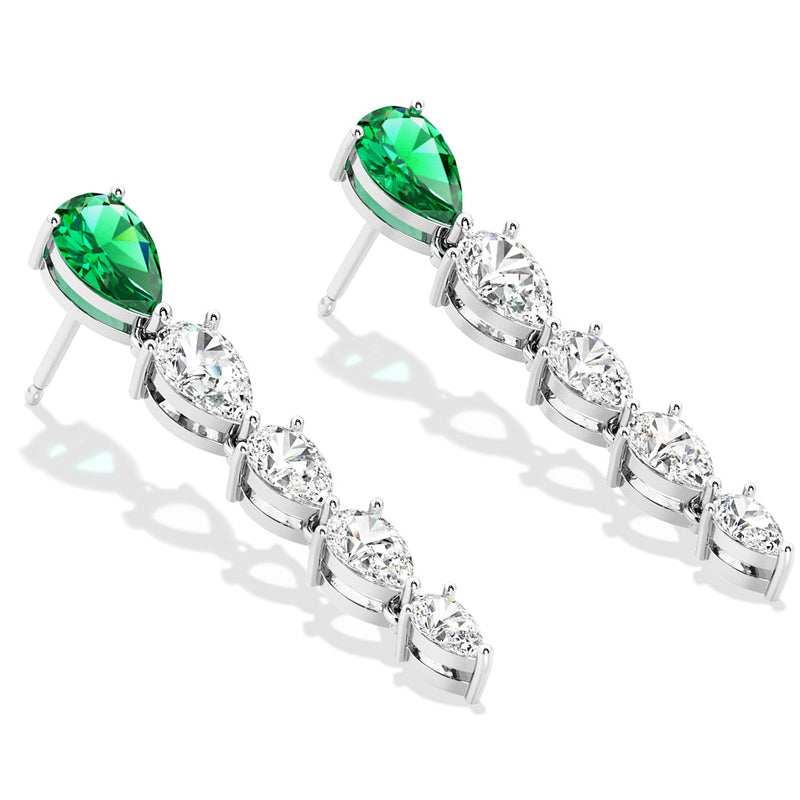 Pear Shape Colombian Emerald & Lab Grown Diamond Line Drop Earrings 14K White Gold 4.65 Carats
