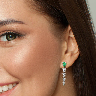 Pear Shape Colombian Emerald & Lab Grown Diamond Line Drop Earrings 14K White Gold 4.65 Carats