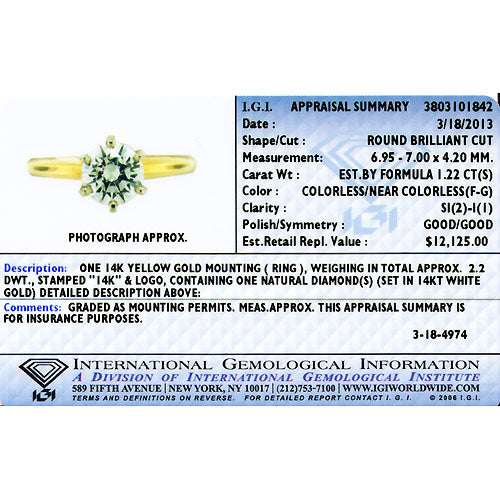 IGI Certified Natural Diamond Solitaire Ring 14K Yellow Gold 1.22 Carats