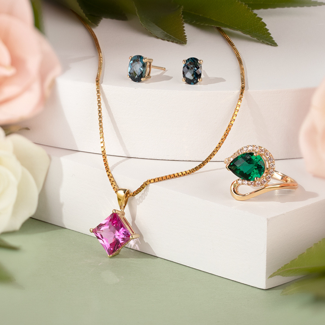 Peora Pink Sapphire Pendant Green Emerlad Ring Blue Topaz Earrings