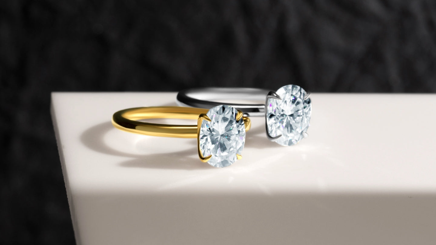 Moissanite solitaire engagement rings in 14k gold