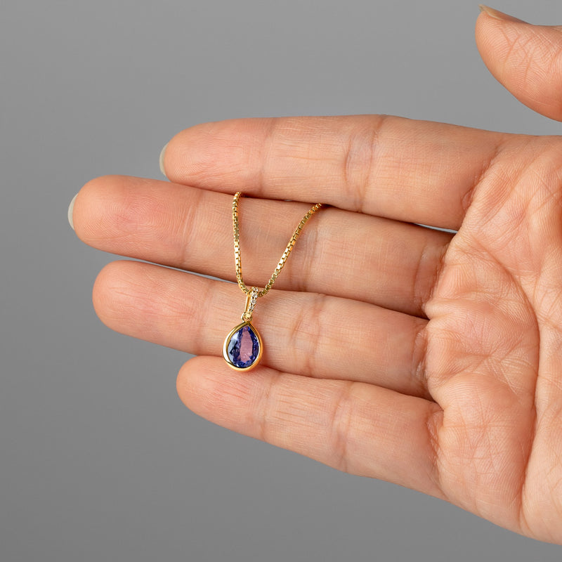 Pear Shape Tanzanite and Diamond Teardrop Pendant Necklace 14K Yellow Gold 1.75 Carats