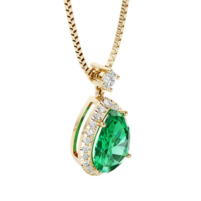 Pear Shape Colombian Emerald & Lab Grown Diamond Pendant 14K Yellow Gold 6.50 Carats