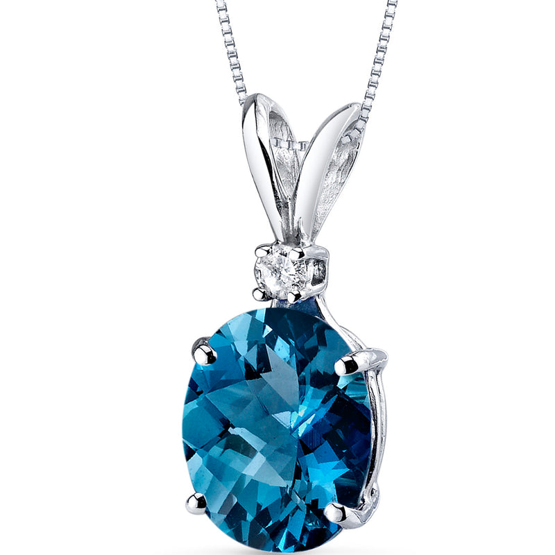 London Blue Topaz and Diamond Pendant Necklace 14K White Gold 3 Carats Oval