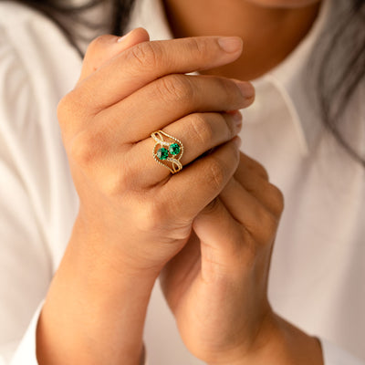 14K Yellow Gold Two Stone Created Emerald Ring 1 Carat