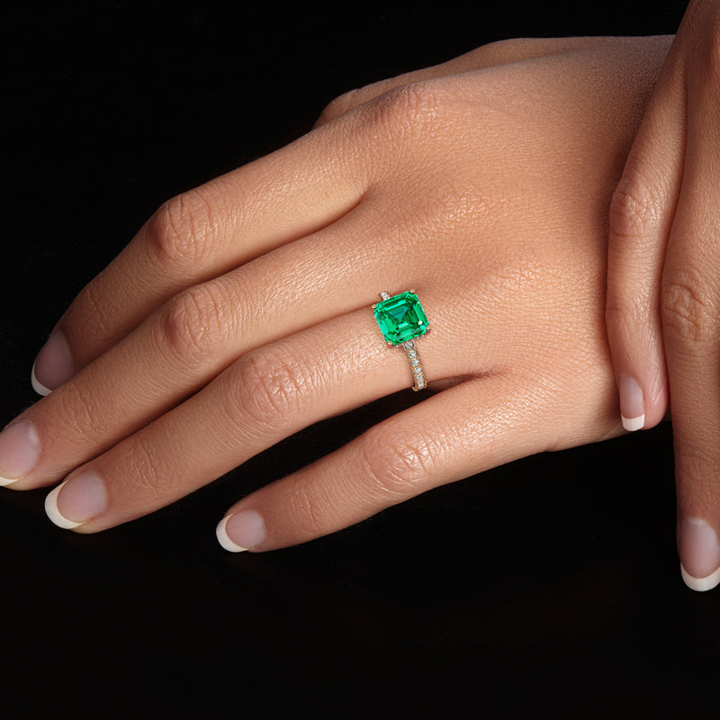 Asscher Cut Colombian Emerald and Diamond Hidden Halo Ring 14K Yellow Gold 3 Carats