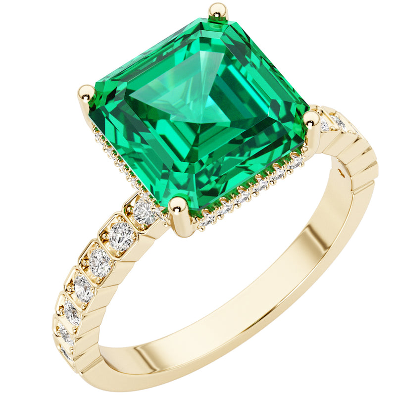 Asscher Cut Colombian Emerald and Diamond Hidden Halo Ring 14K Yellow Gold 3 Carats
