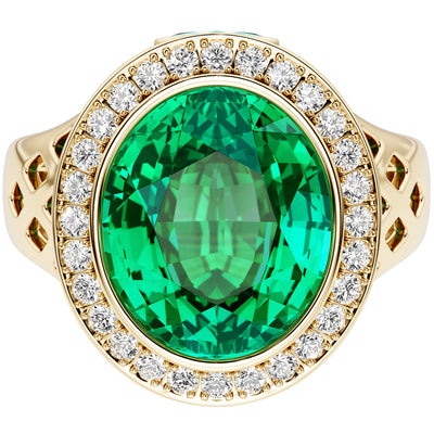 Colombian Emerald and Diamond Lattice Ring 14K Yellow Gold 4.50 Carats Oval Shape
