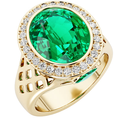 Colombian Emerald and Diamond Lattice Ring 14K Yellow Gold 4.50 Carats Oval Shape