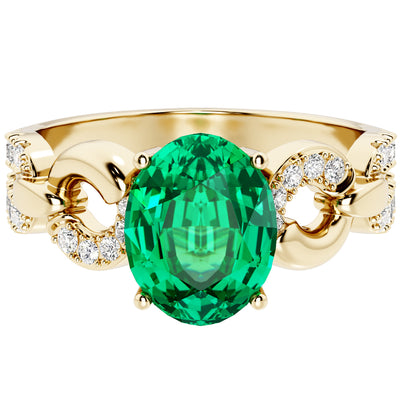 Colombian Emerald and Diamond Linked Ring 14K Yellow Gold 1.75 Carats Oval Shape
