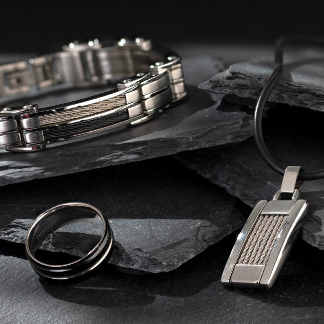 Men's jewelry: titanium ring, stainless steel fashion pendant and stainless steel bracelet by Peora