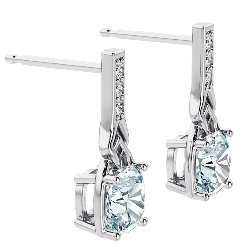 1.50 Carats Cushion Cut Aquamarine and Lab Grown Diamond Link Cathedral Drop Earrings in Sterling Silver