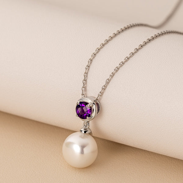 Pearl with Amethyst gemstone pendant in sterling silver