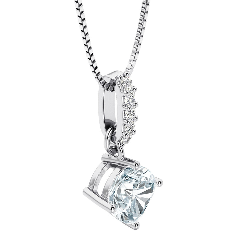 Aquamarine and Lab Grown Diamond Bar Drop Pendant Necklace in Sterling Silver, 0.80 Carat total Cushion Cut