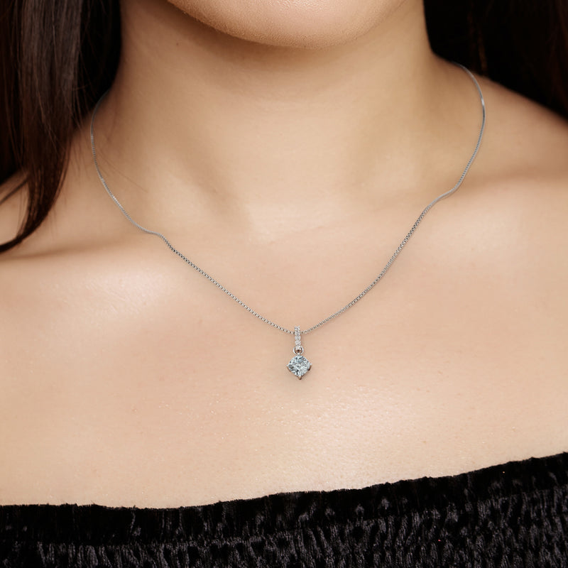 Aquamarine and Lab Grown Diamond Bar Drop Pendant Necklace in Sterling Silver, 0.80 Carat total Cushion Cut