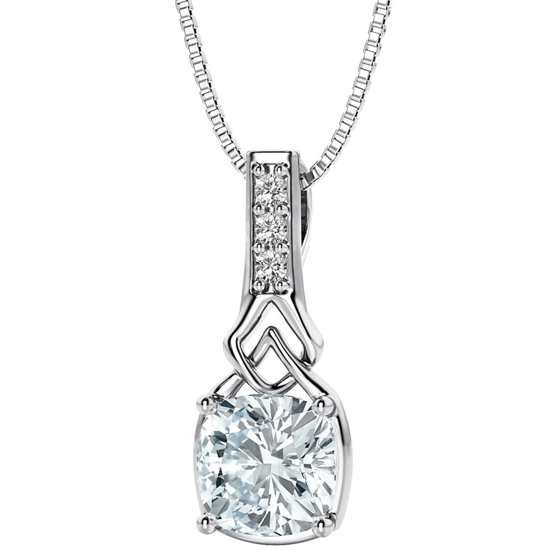 Aquamarine and Lab Grown Diamond Cathedral Drop Pendant Necklace in Sterling Silver, 0.75 Carat total Cushion Cut