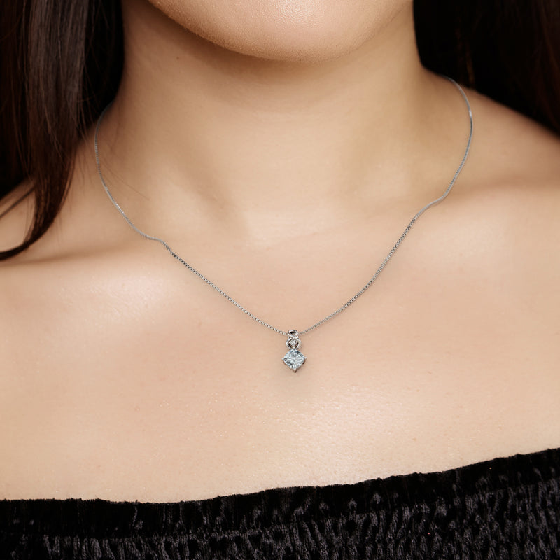 Aquamarine and Lab Grown Diamond Infinity Pendant Necklace in Sterling Silver, 0.75 Carat total Cushion Cut