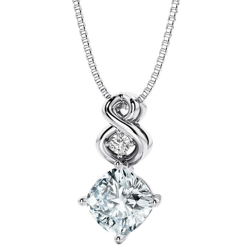Aquamarine and Lab Grown Diamond Infinity Pendant Necklace in Sterling Silver, 0.75 Carat total Cushion Cut