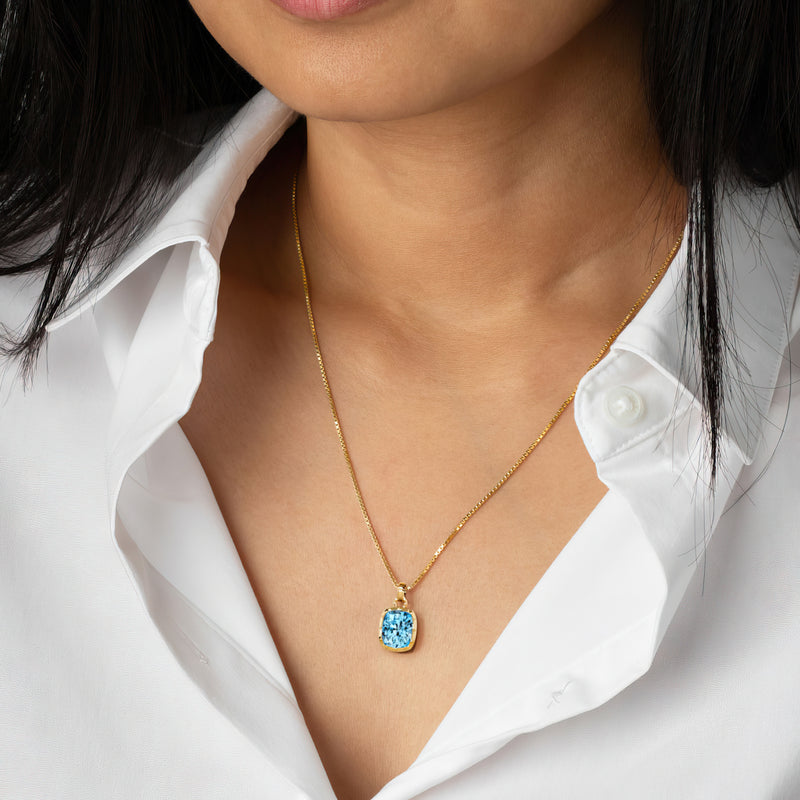 Swiss Blue Topaz Bezel Set Pendant Necklace 14K Yellow Gold Plated Sterling Silver 4.50 Carats Cushion Cut