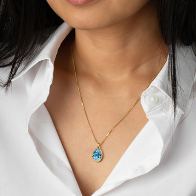 Swiss Blue Topaz Bezel Set Pendant Necklace 14K Yellow Gold Plated Sterling Silver 6.50 Carats Oval Shape