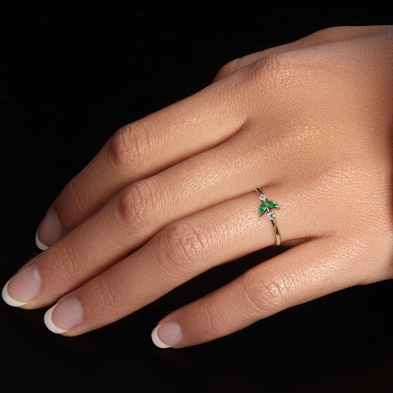 Emerald and Diamond Petals Stackable Ring 14K Yellow Gold Plated Sterling Silver 1.50 Carats