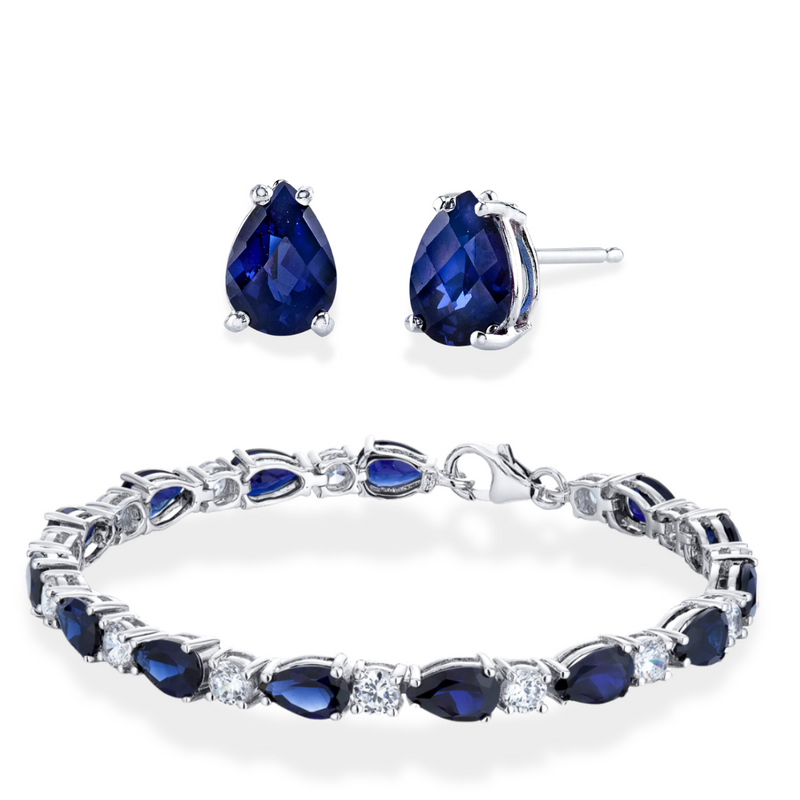 Blue Sapphire Pear Shape 14K White Gold Earrings and Sterling SIlver Bracelet 14.8 ctw Gift Set