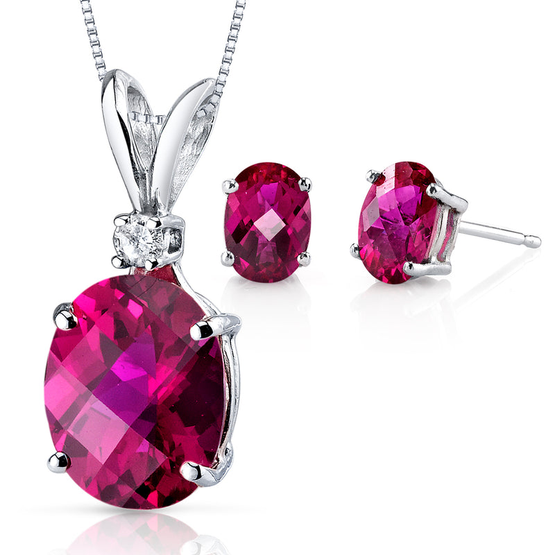 Ruby Oval Stud Earrings and Pendant with Diamond Accent 14K White Gold 5.47 ctw Gift Set